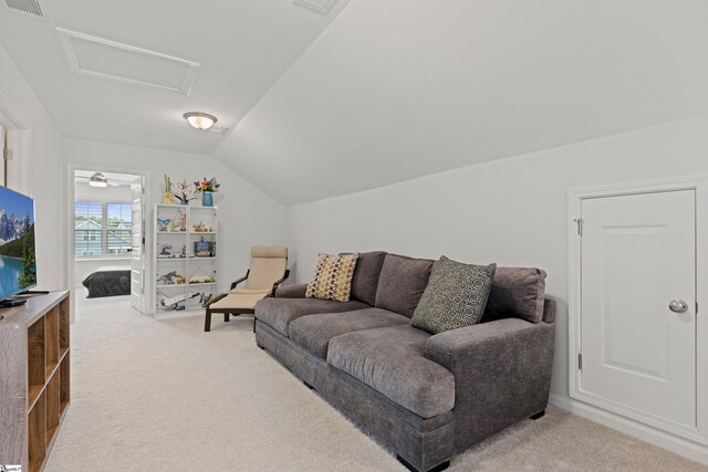 603 Betony Way, Greenville, SC 29607 - living area featuring carpet floors, vaulted ceiling, and attic access