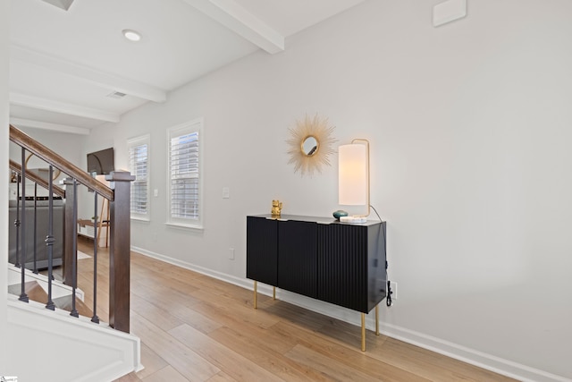603 Betony Way, Greenville, SC 29607 - entryway with beamed ceiling, stairs, baseboards, and light wood-type flooring