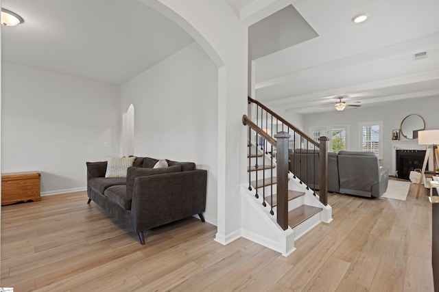 603 Betony Way, Greenville, SC 29607 - staircase featuring arched walkways, ceiling fan, wood finished floors, and recessed lighting