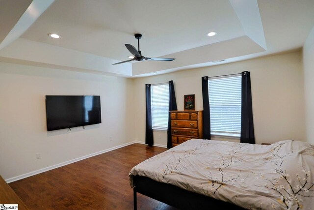 208 Catterick Way, Fountain Inn, SC 29644 - bedroom featuring a tray ceiling, wood finished floors, recessed lighting, baseboards, and ceiling fan