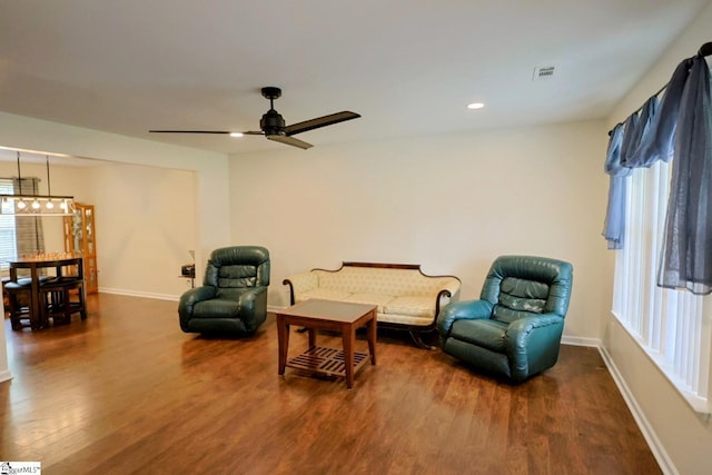 208 Catterick Way, Fountain Inn, SC 29644 - living area with wood finished floors, ceiling fan, baseboards, recessed lighting, and a chandelier