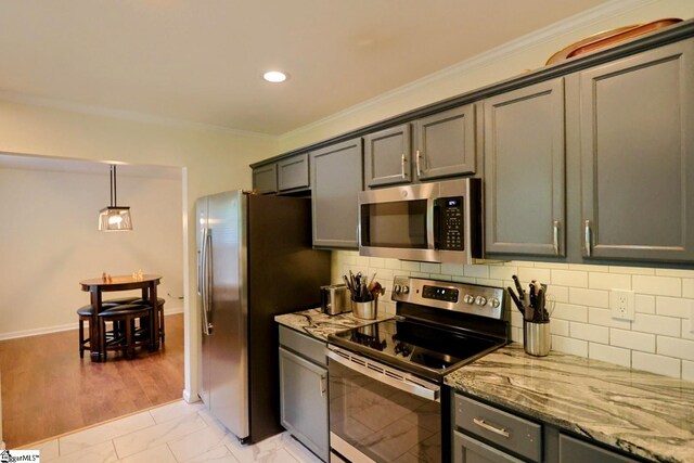 208 Catterick Way, Fountain Inn, SC 29644 - kitchen with appliances with stainless steel finishes, light stone countertops, crown molding, backsplash, and recessed lighting