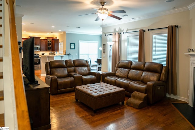 140 Belgian Blue Way, Fountain Inn, SC 29644 - living room featuring dark wood-type flooring, ceiling fan, crown molding, stairs, and recessed lighting