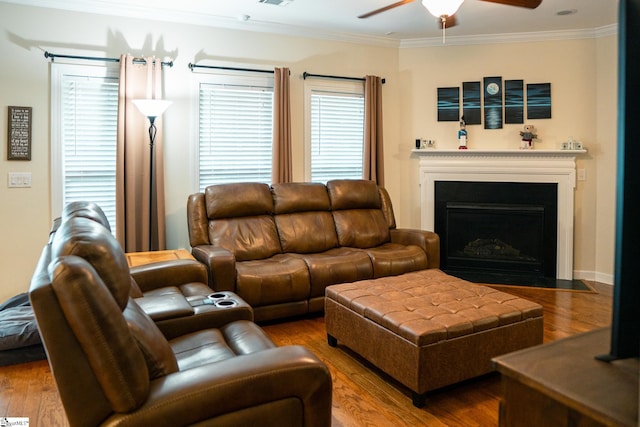 140 Belgian Blue Way, Fountain Inn, SC 29644 - living area featuring ceiling fan, wood finished floors, crown molding, and a fireplace with flush hearth