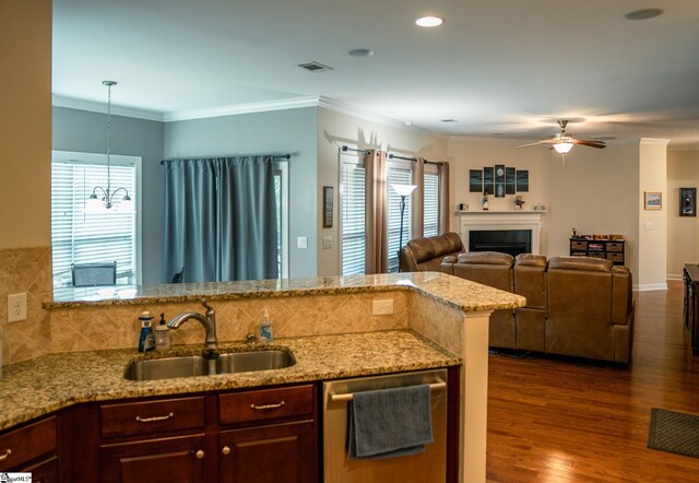 140 Belgian Blue Way, Fountain Inn, SC 29644 - kitchen featuring a sink, dishwasher, dark wood-style flooring, ceiling fan, and a peninsula