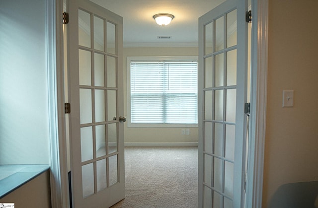140 Belgian Blue Way, Fountain Inn, SC 29644 - hallway featuring carpet flooring, french doors, ornamental molding, and baseboards