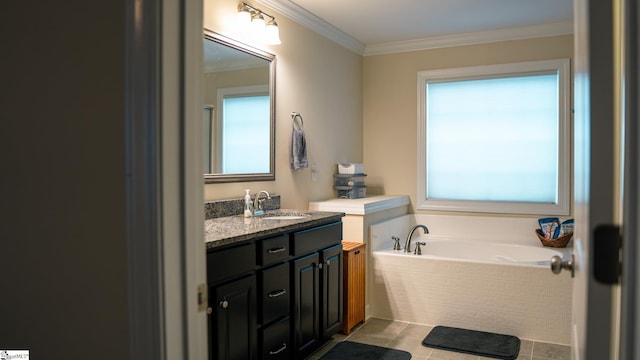 140 Belgian Blue Way, Fountain Inn, SC 29644 - bathroom with vanity, a garden tub, healthy amount of natural light, crown molding, and tile patterned floors