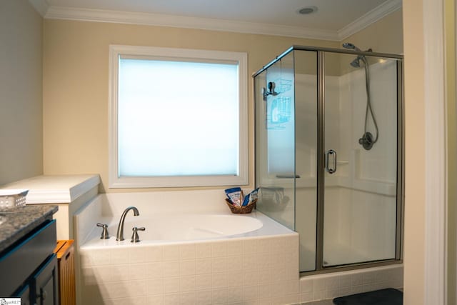 140 Belgian Blue Way, Fountain Inn, SC 29644 - bathroom with healthy amount of natural light, a shower stall, a garden tub, vanity, and ornamental molding