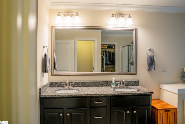 140 Belgian Blue Way, Fountain Inn, SC 29644 - full bathroom with ornamental molding, double vanity, and a shower with door
