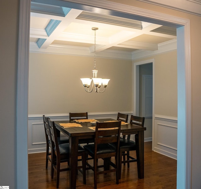 140 Belgian Blue Way, Fountain Inn, SC 29644 - dining room with coffered ceiling, crown molding, beamed ceiling, a chandelier, and dark wood-style flooring