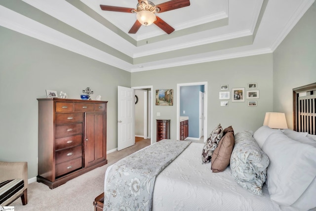 721 Dutchman Ct, Greer, SC 29651 - bedroom with light carpet, a raised ceiling, ornamental molding, ceiling fan, and baseboards