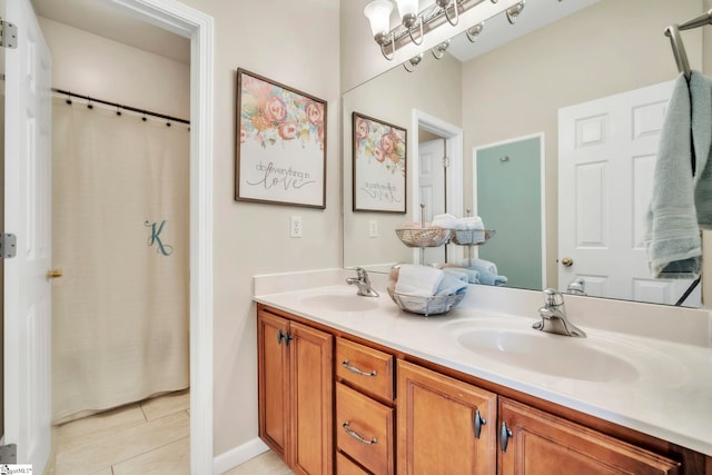 721 Dutchman Ct, Greer, SC 29651 - full bath with double vanity, tile patterned floors, and a shower with shower curtain