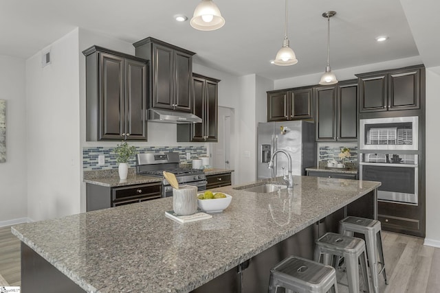 202 Walla Walla Ct, Greenville, SC 29607 - kitchen featuring appliances with stainless steel finishes, a sink, backsplash, light wood-type flooring, and light stone counters