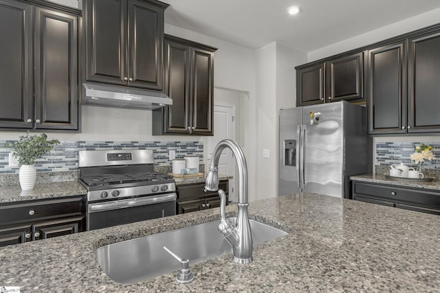 202 Walla Walla Ct, Greenville, SC 29607 - kitchen featuring under cabinet range hood, stainless steel appliances, a sink, stone counters, and backsplash