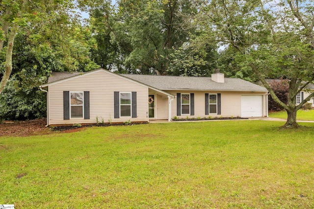 113 Sedgefield Ct, Anderson, SC 29621 - ranch-style home with a garage, a chimney, a front lawn, and view of scattered trees