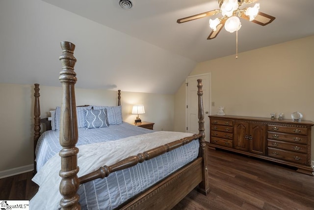450 Hammett Store Rd, Lyman, SC 29365 - bedroom featuring dark wood finished floors, lofted ceiling, a ceiling fan, and baseboards