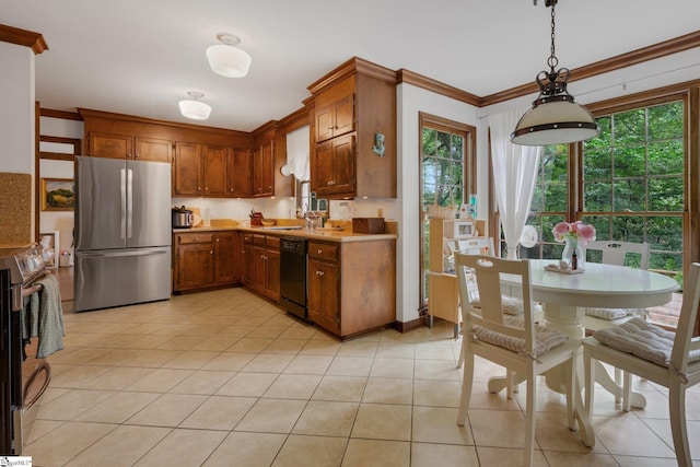 304 Oak Brook Way, Taylors, SC 29687 - kitchen featuring freestanding refrigerator, dishwasher, light countertops, brown cabinetry, and ornamental molding