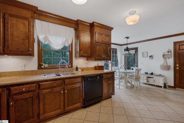 304 Oak Brook Way, Taylors, SC 29687 - kitchen featuring black dishwasher, a sink, light tile patterned flooring, crown molding, and decorative light fixtures