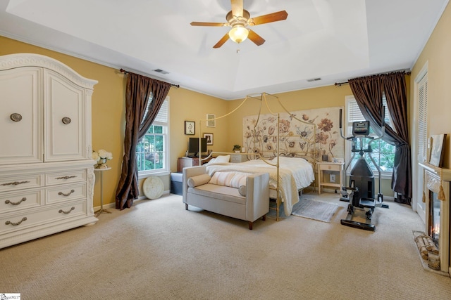 304 Oak Brook Way, Taylors, SC 29687 - bedroom with a tray ceiling, light carpet, and ceiling fan