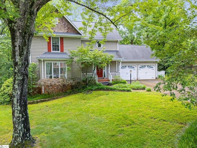 304 Oak Brook Way, Taylors, SC 29687 - traditional-style house featuring a garage, a front lawn, driveway, covered porch, and roof with shingles