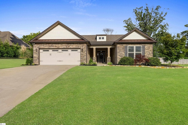 121 Floyd Meadow Dr, Inman, SC 29349 - view of front of property featuring stone siding, an attached garage, a standing seam roof, a front yard, and concrete driveway