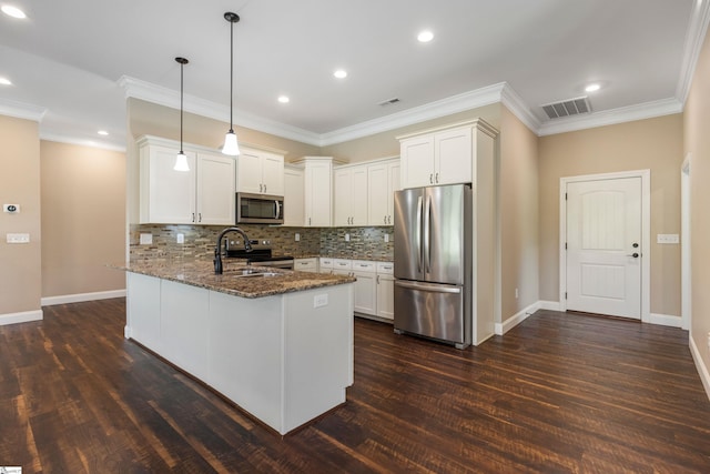 121 Floyd Meadow Dr, Inman, SC 29349 - kitchen featuring appliances with stainless steel finishes, a sink, dark stone counters, a peninsula, and dark wood-style floors