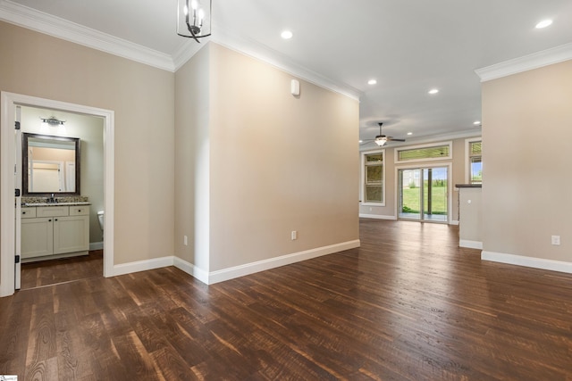 121 Floyd Meadow Dr, Inman, SC 29349 - unfurnished living room featuring ceiling fan, baseboards, dark wood finished floors, ornamental molding, and recessed lighting
