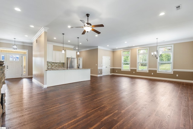 121 Floyd Meadow Dr, Inman, SC 29349 - unfurnished living room featuring a chandelier, baseboards, a ceiling fan, dark wood-style floors, and recessed lighting