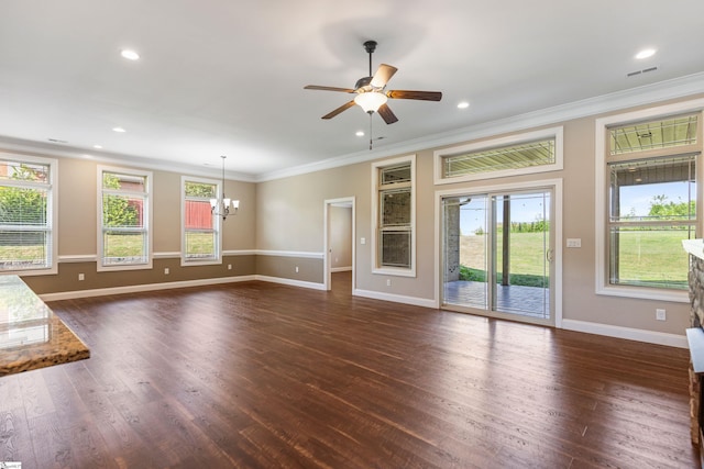 121 Floyd Meadow Dr, Inman, SC 29349 - unfurnished living room featuring a chandelier, crown molding, dark wood-style floors, baseboards, and recessed lighting