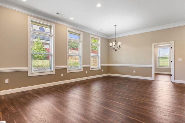 121 Floyd Meadow Dr, Inman, SC 29349 - empty room featuring healthy amount of natural light, crown molding, a chandelier, dark wood-style floors, and recessed lighting