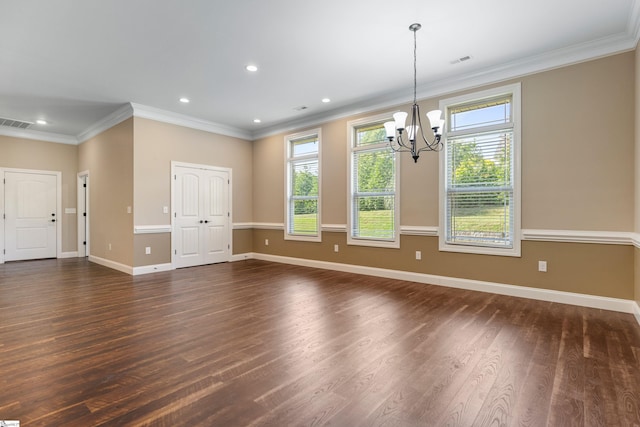 121 Floyd Meadow Dr, Inman, SC 29349 - spare room with a chandelier, dark wood-style floors, ornamental molding, baseboards, and recessed lighting