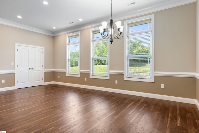 121 Floyd Meadow Dr, Inman, SC 29349 - unfurnished dining area with a chandelier, dark wood-style flooring, crown molding, healthy amount of natural light, and recessed lighting