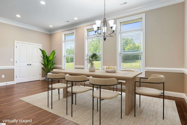 121 Floyd Meadow Dr, Inman, SC 29349 - dining area with a chandelier, baseboards, wood finished floors, ornamental molding, and recessed lighting