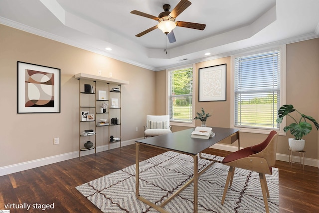 121 Floyd Meadow Dr, Inman, SC 29349 - office area with a raised ceiling, wood finished floors, a ceiling fan, baseboards, and ornamental molding