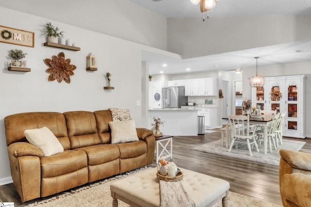 137 Mediterranean Ave, Anderson, SC 29621 - living room with ceiling fan, dark wood finished floors, recessed lighting, and a towering ceiling