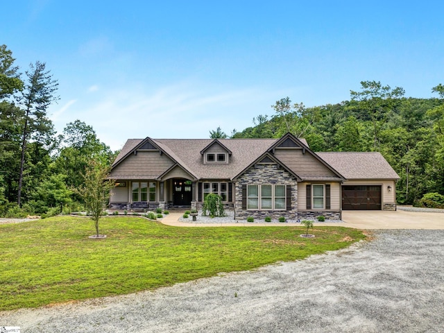 1061 Hidden Glory Dr, Landrum, SC 29356 - craftsman inspired home with stone siding, a porch, concrete driveway, a front yard, and an attached garage