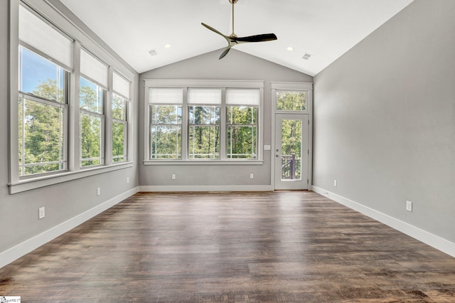 1061 Hidden Glory Dr, Landrum, SC 29356 - empty room with healthy amount of natural light, a ceiling fan, lofted ceiling, dark wood-type flooring, and baseboards