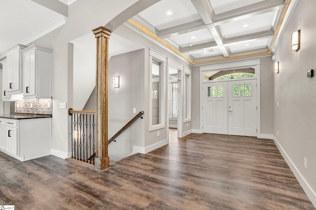 1061 Hidden Glory Dr, Landrum, SC 29356 - entryway with dark wood-type flooring, recessed lighting, beamed ceiling, arched walkways, and baseboards