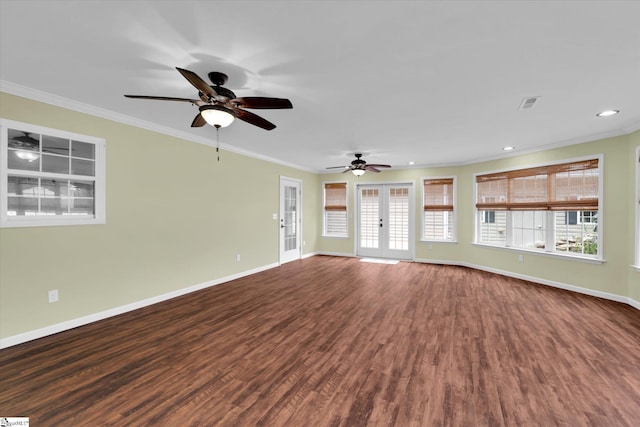 1783 Brockman Mcclimon Rd, Greer, SC 29651 - unfurnished living room with wood finished floors, baseboards, recessed lighting, crown molding, and a ceiling fan
