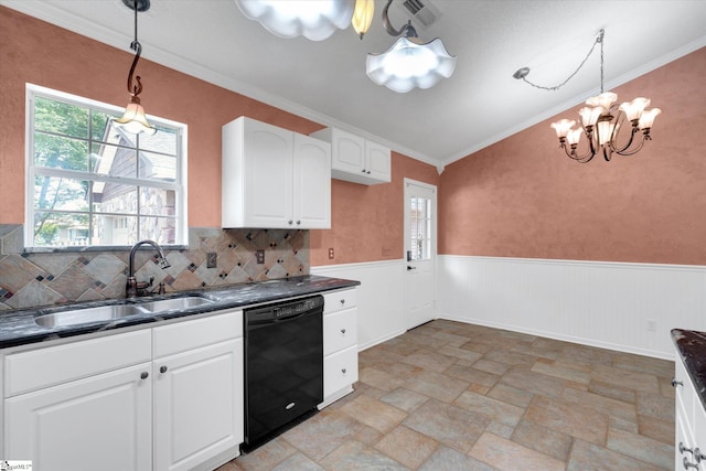 1783 Brockman Mcclimon Rd, Greer, SC 29651 - kitchen featuring dishwasher, dark countertops, a sink, crown molding, and light stone finish floors