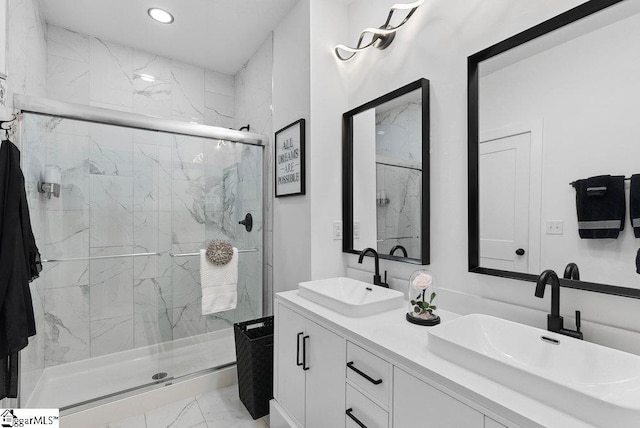 223 R C Thompson Rd, Chesnee, SC 29323 - full bathroom featuring marble finish flooring, a marble finish shower, recessed lighting, and double vanity