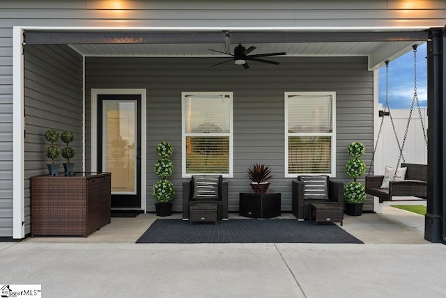223 R C Thompson Rd, Chesnee, SC 29323 - doorway to property with ceiling fan, a patio, and an outdoor hangout area