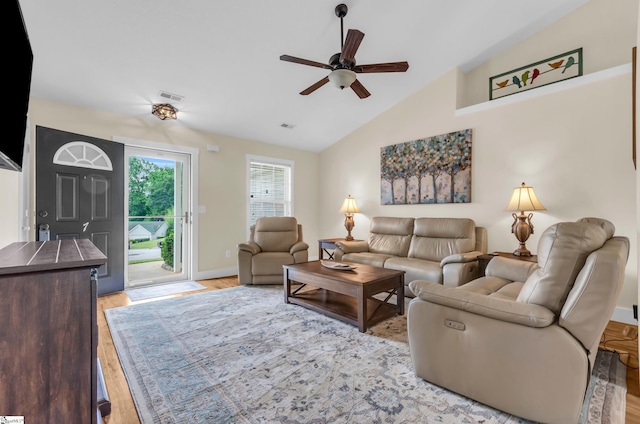 7 Slate Ln, Greer, SC 29650 - living room featuring a ceiling fan, wood finished floors, lofted ceiling, and baseboards