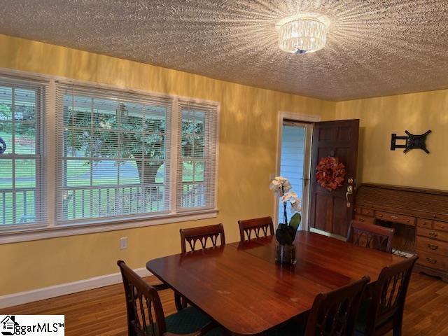 3444 Geer Hwy, Marietta, SC 29661 - dining space featuring a textured ceiling, healthy amount of natural light, wood finished floors, and baseboards