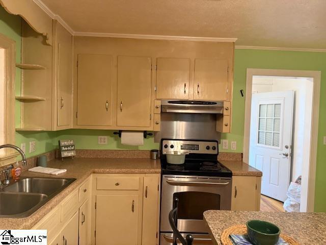 3444 Geer Hwy, Marietta, SC 29661 - kitchen with stainless steel range with electric cooktop, extractor fan, a sink, open shelves, and ornamental molding