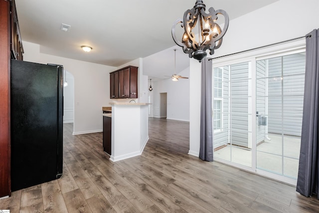 16 Glenbow Ct, Simpsonville, SC 29680 - kitchen featuring freestanding refrigerator, ceiling fan, light wood-style flooring, and light countertops