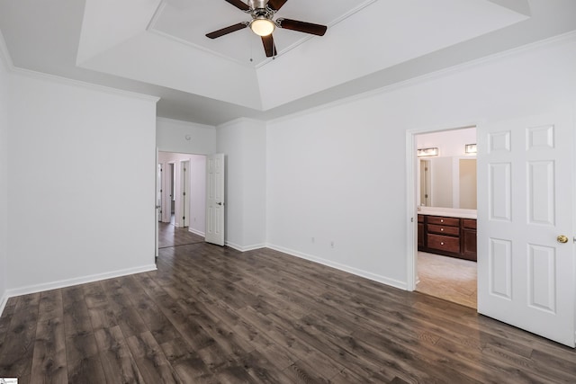 16 Glenbow Ct, Simpsonville, SC 29680 - unfurnished room with a tray ceiling, ceiling fan, dark wood-style flooring, ornamental molding, and baseboards