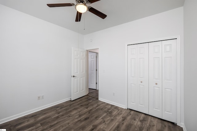 16 Glenbow Ct, Simpsonville, SC 29680 - unfurnished bedroom with dark wood-style floors, baseboards, a closet, and a ceiling fan