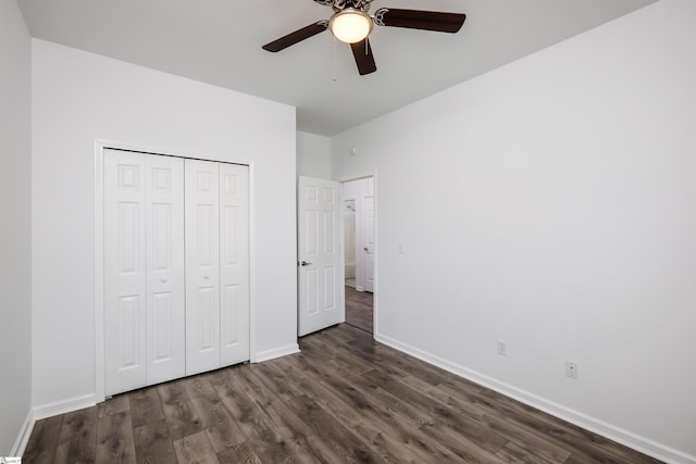 16 Glenbow Ct, Simpsonville, SC 29680 - unfurnished bedroom featuring dark wood-style flooring, baseboards, a closet, and a ceiling fan