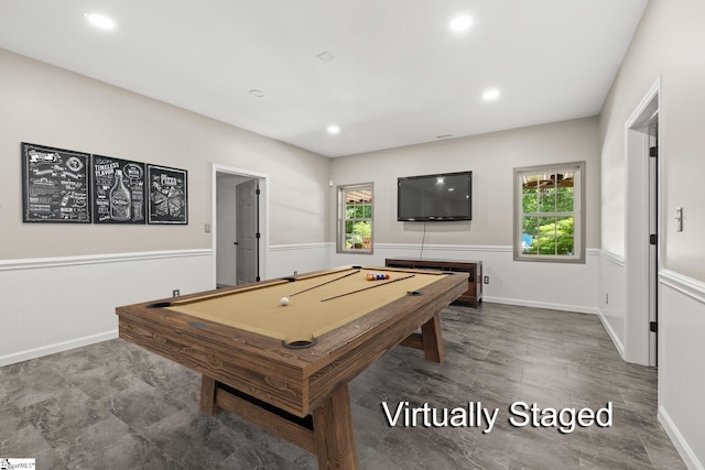 213 Old House Way, Simpsonville, SC 29681 - game room featuring billiards table, healthy amount of natural light, recessed lighting, baseboards, and wainscoting